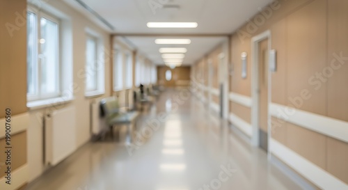 Unfocused Interior of a Modern Healthcare Facility Corridor with Waiting Seating, Clean Architecture and Warm Tones