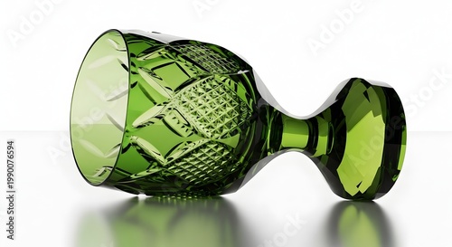 Elegant Emerald Glassware: Tilted Stemware Reflecting Light, Decorative Cut Crystal, Sophisticated Table Setting Element, Luxurious Drinkware Isolated on White