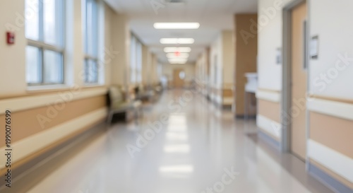 Unfocused Interior of a Modern Healthcare Facility Corridor, Blurred View of Hallway with Waiting Area and Ambient Lighting