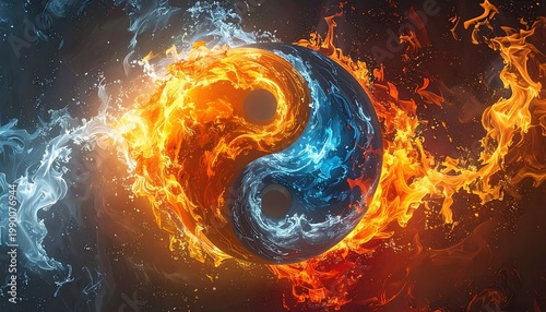 A swirling yin-yang symbol surrounded by flames and smoke