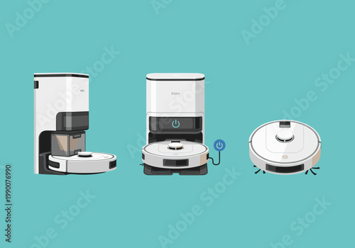 Smart Robotic Vacuum Cleaner and Charging Docking Station Set, Automatic Household Cleaning Robot Technology, Modern Home Appliance Vector Art