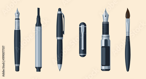 Professional Writing and Drawing Instruments Set with Fountain Pens Ballpoint Pen Felt Tip Marker and Artist Paintbrush Icons for Creative Design