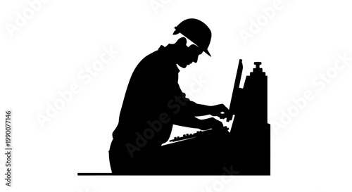 Industrial worker operating machinery control panel silhouette