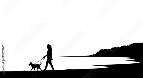Silhouette of a woman walking her dog on a beach