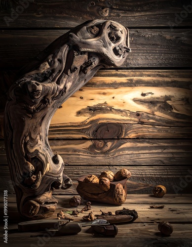 A twisted wooden sculpture on a rustic wooden table with nuts