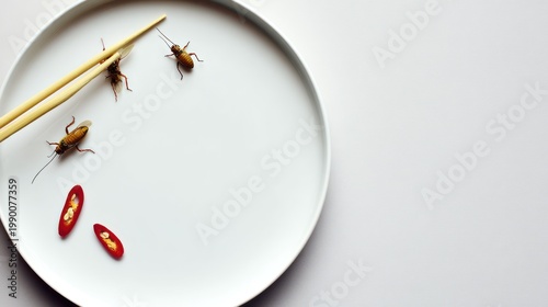 Cockroaches on Plate with Chili Slices and Chopsticks.