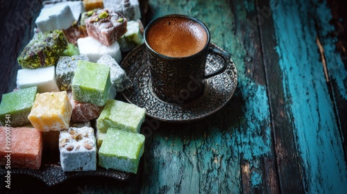 Coffee and assorted Turkish Delight on wooden table.