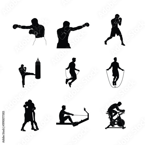 Competitive Boxing and Strike Action Silhouettes Punching Bag, Guard Stance, and Combat Sport Icons