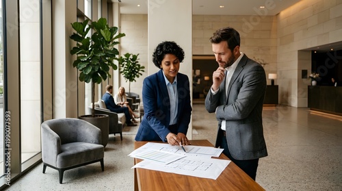 Architects Reviewing Blueprints at Hotel Lobby, Examining Construction Documents, Discussing Plans, Collaboration on Project Design with Diverse Professionals, Real Estate Development