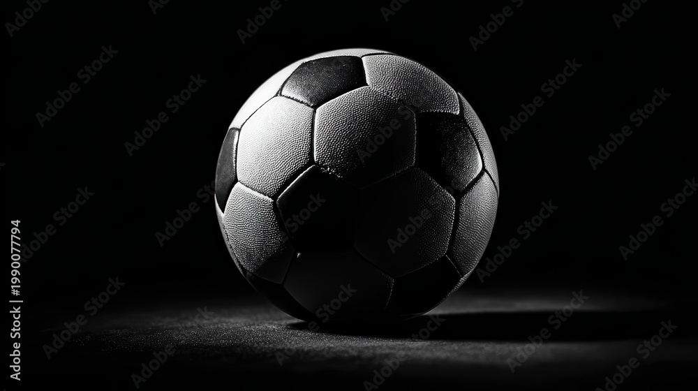 Fototapeta premium Soccer Ball in the Shadows: A classic soccer ball, with its iconic black and white pattern, is dramatically lit against a dark background.