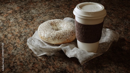 Coffee and Bagel on Granite Countertop.