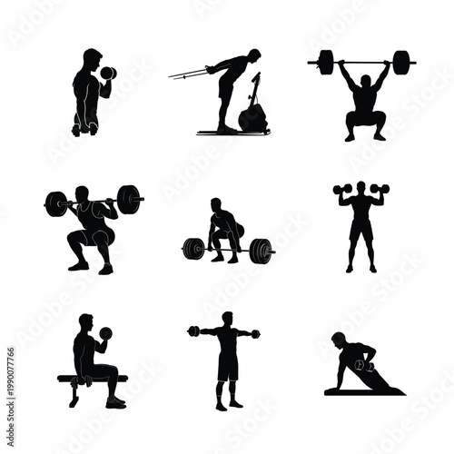 Elite Powerlifting Barbell Squat Silhouettes Maximum Weight Training and Strength Competition Graphics