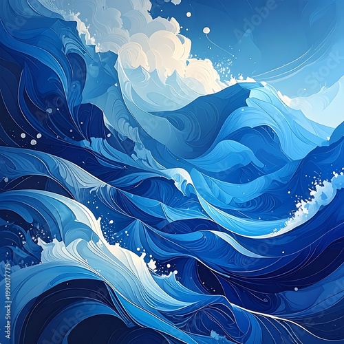 A vibrant abstract ocean scene with swirling blue waves