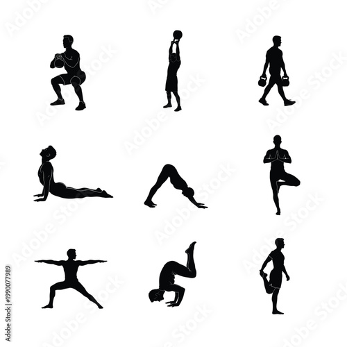 Isolated Bicep and Shoulder Workout Silhouettes Dumbbell Curls, Pressing, and Muscular Arm Training