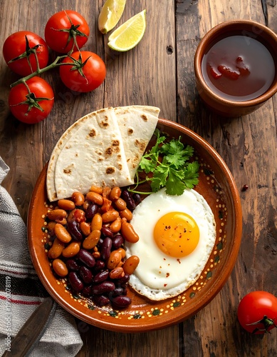 A vibrant plate of food with beans, egg, and tortillas on a wooden table