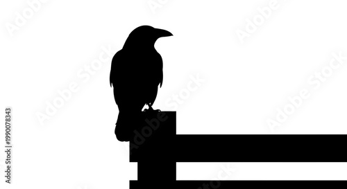 Black crow silhouette perched on wooden fence vector illustration