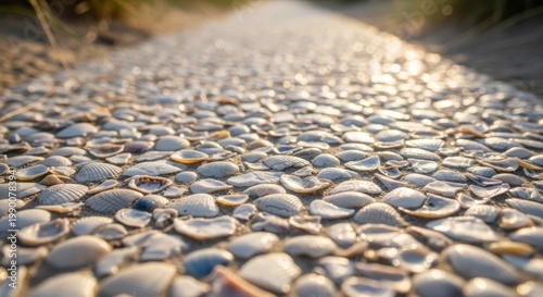 Crushed Seashell Fragments Creating a Natural Mosaic Path on a Sunlit Ground