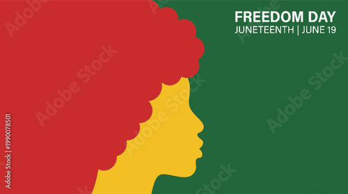 Minimalist Juneteenth illustration featuring a woman's profile silhouette in yellow with red afro hair against a green background for Freedom Day.