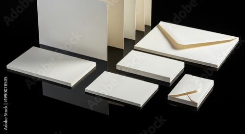 Elegant stationery set featuring crisp white paper sheets and envelopes with subtle gold accents on a dark reflective surface