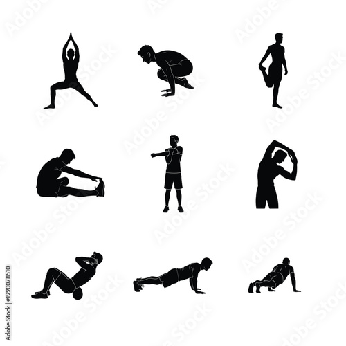 Yoga Child's Pose and Grounded Stretching Silhouettes Relaxation, De Stressing, and Wellness Poses Se