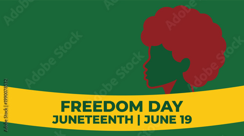 A celebratory illustration for Juneteenth Freedom Day on June 19 featuring the silhouette of a woman with an afro and Pan-African colors.