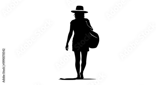 Silhouette of a woman wearing a hat walking with a shoulder bag