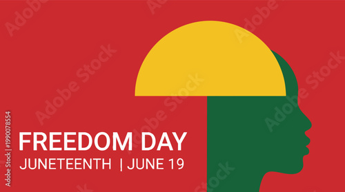 Minimalist Juneteenth graphic illustration featuring a profile silhouette of a person on a red background to celebrate Freedom Day on June 19th.