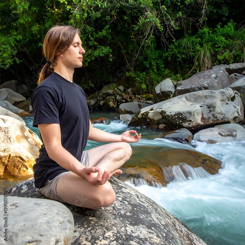 A woman meditates on a rock by a river
