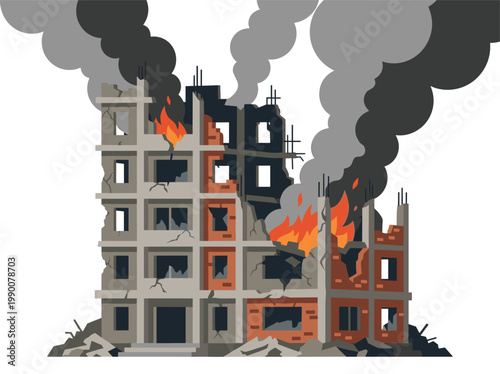 Destroyed building structure flames ruins devastation scene aftermath attack crumbling smoke rising urban disaster visual damage graphic war zone chaos. Fire outbreak abandoned site isolated white