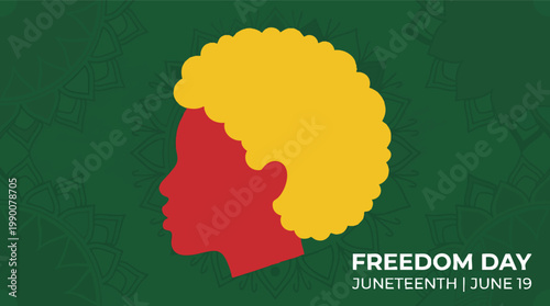 Minimalist profile of a Black woman with yellow afro hair on a green patterned background celebrating Juneteenth Freedom Day on June 19.