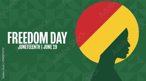 Juneteenth Freedom Day celebration banner featuring a woman silhouette with Pan-African colors on a green geometric background.