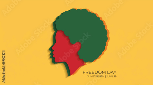 A paper-cut style illustration of a Black woman's profile silhouette celebrating Juneteenth Freedom Day on June 19th against a yellow background.