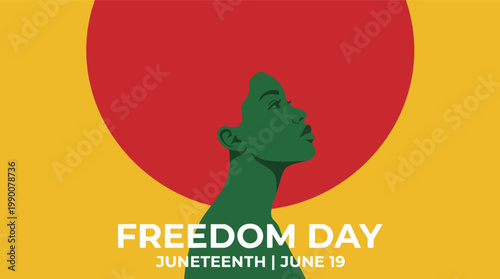 Minimalist illustration of a Black woman in profile celebrating Juneteenth Freedom Day on June 19 with vibrant Pan-African colors.
