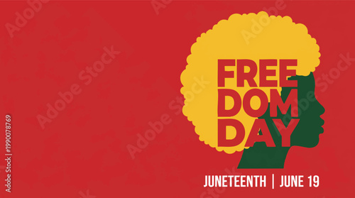 Juneteenth Freedom Day celebration banner featuring a minimalist silhouette of a person with an afro in Pan-African colors on a red background.