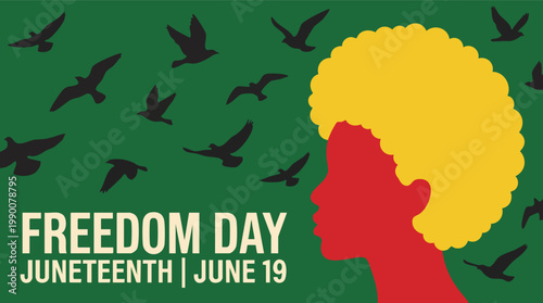A powerful Juneteenth Freedom Day illustration featuring a Black woman's silhouette and flying birds in Pan-African colors celebrating liberation.