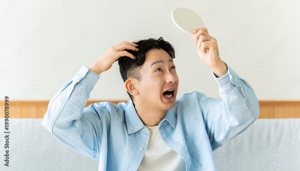 Obraz premium 薄毛や抜け毛に悩む男性のヘアトラブルイメージ, Man Worried About Hair Loss Looking in Mirror