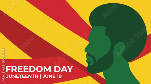 A vibrant Juneteenth Freedom Day illustration featuring the profile silhouette of a man over Pan-African colored stripes to celebrate June 19th.