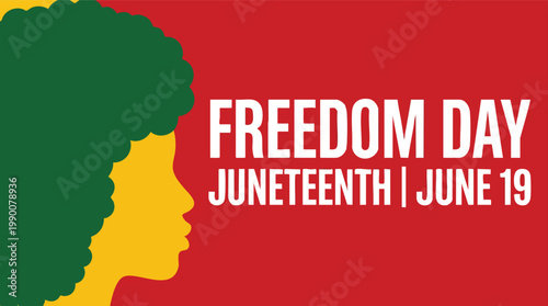 Minimalist Juneteenth Freedom Day graphic featuring a silhouette of a person with an afro in Pan-African colors on a red background.