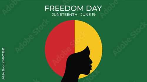 Juneteenth Freedom Day celebration banner featuring a black silhouette profile against a pan-african colored circle on a green background.