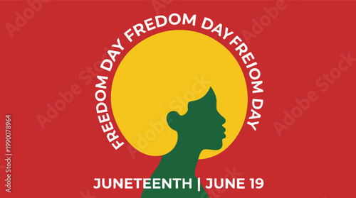 Vibrant Juneteenth illustration featuring a green silhouette of an African American person with a yellow afro against a bold red background.