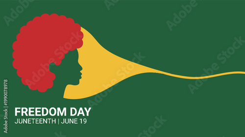 Minimalist graphic illustration celebrating Juneteenth Freedom Day with a silhouette of a Black woman against a green background.