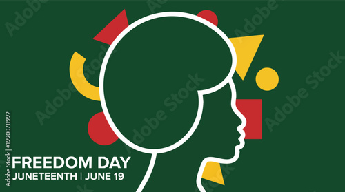 Juneteenth Freedom Day graphic illustration with a profile silhouette and colorful geometric shapes on a dark green background to honor June 19.