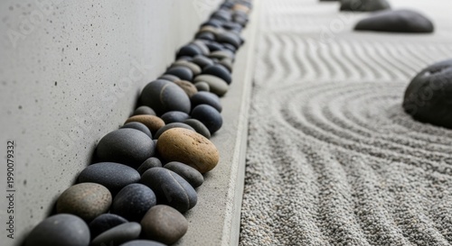 Smooth river stones artfully arranged along a raked sand garden, embodying zen tranquility and natural beauty