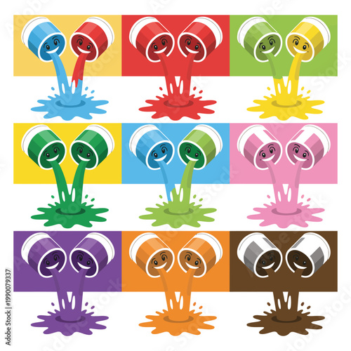 Cartoon colorful paint cans spilling bright liquid vector illustration set on transparent background for creative art projects