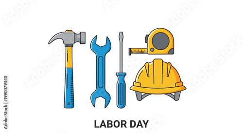 Labor Day illustration of tools and safety gear on white background