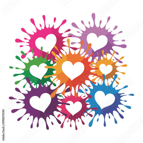 Colorful heart shape splatters ink splashes abstract background with transparent effect for design
