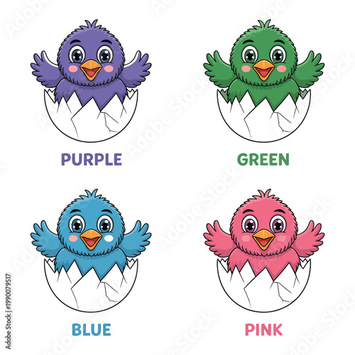 Cute cartoon newborn baby chickens in purple green blue and pink eggs isolated on transparent background vector illustration