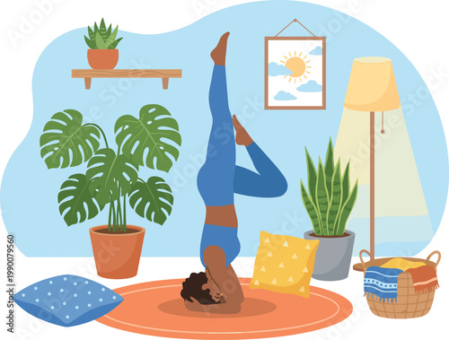 African ethnicity woman yoga headstand blue leggings home indoor plants relaxation. Houseplant interior decor colorful cozy yoga mat morning routine selfcare. Bright room sunlight practice calm