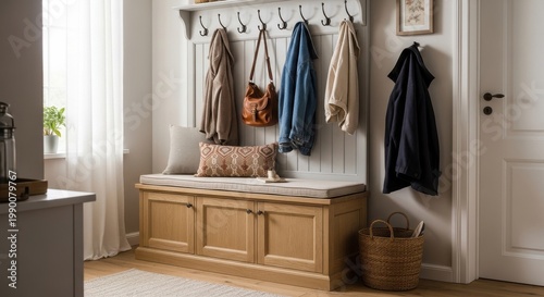 Wooden Entryway Bench with Integrated Storage and Hanging Hooks for Hallway Organization