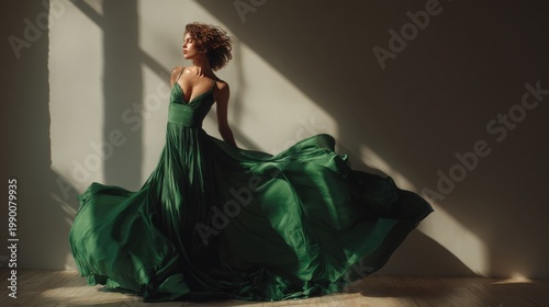 Confident woman in a flowing emerald-green gown poses in a sunlit studio, wind lifting the fabric and hair, dramatic chiaroscuro lighting against a minimalist backdrop, couture textures and glossy sh